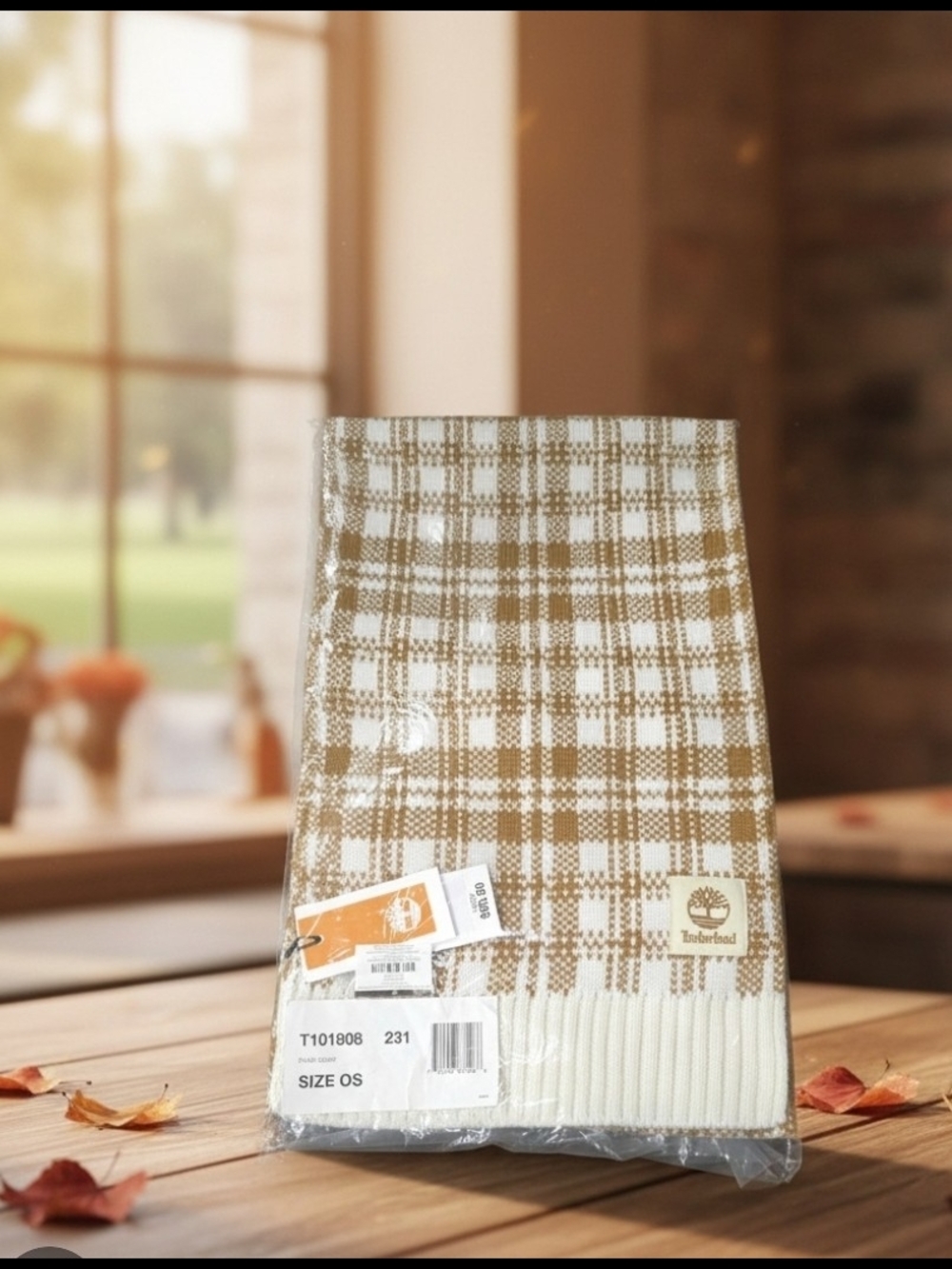 Timberland Tan & White Plaid Knit Scarf